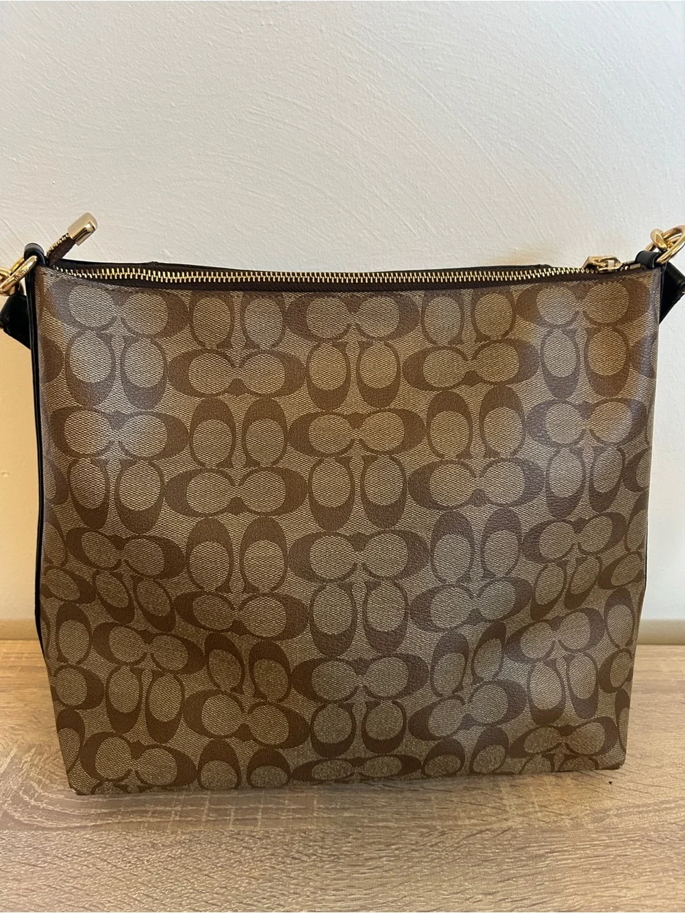 Coach Brown Signature Canvas Shoulder Bag with Black Strap and Gold Hardware